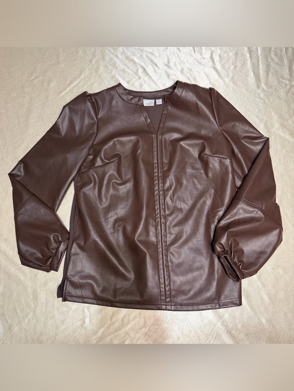 Belle by Kim Gravel Faux Leather Knit Back Blouson Slv Top Small A667151